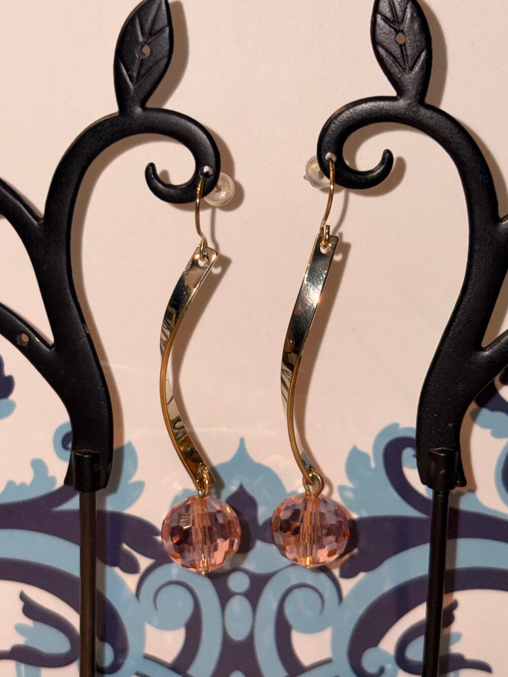 Gold Curved Bar Dangle Earrings Blush Pink Faceted Crystal Drops